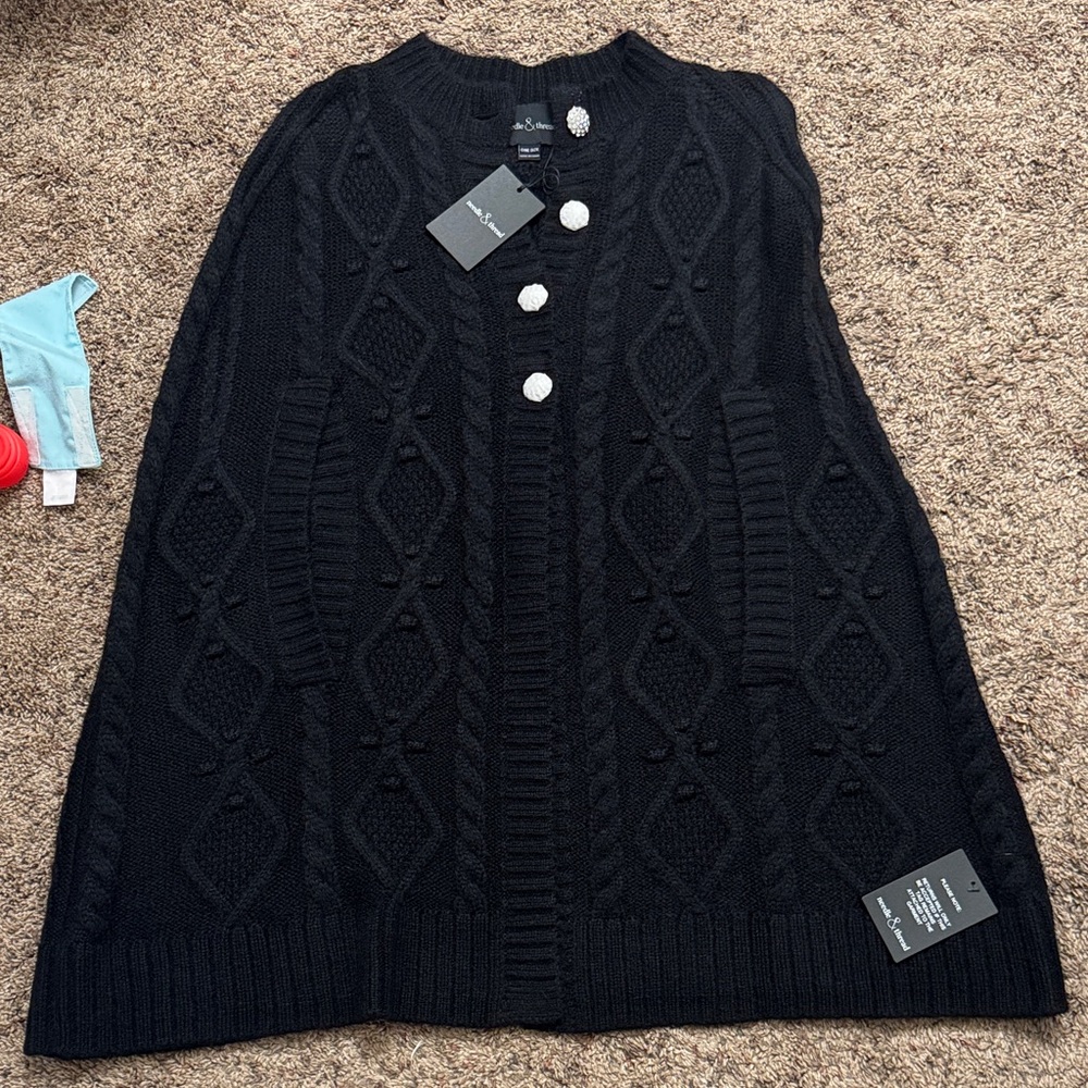 Needle & Thread Black Knitted Cape with Embellished Buttons